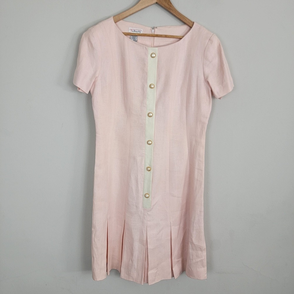 Vintage Talbots 100% Linen Pink Dress Button Detail Preppy Old Money Sz 10‎ Line